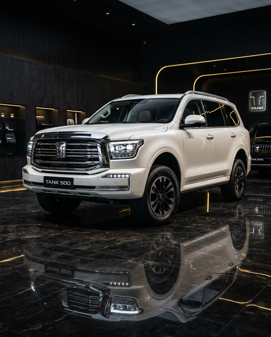 Studio-lit GWM Tank 500 pearl white finish with chrome grille